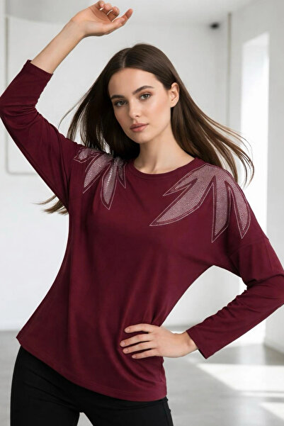 Bİ.GİYSEN Women's maroon color bicycle neck shoulders leaf crystal stone look...