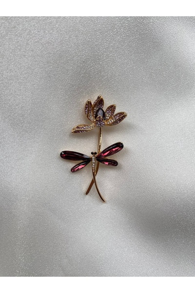 giez Lotus Çiçek Dalı Yusufçuk Broş Taşlı Yaka İğnesi