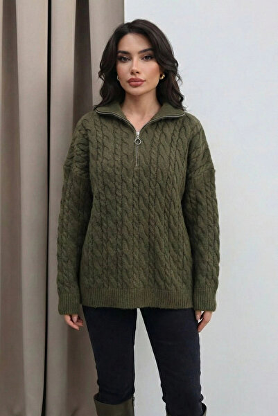 MetuCA Women's Green Zippered Hair Braid Patterned Oversized Knitwear Sweater