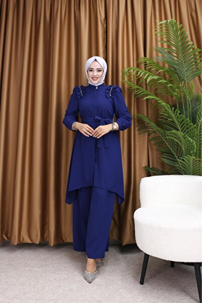 EZEL Crepe Fabric Stone Embroidered Tunic Trouser Set