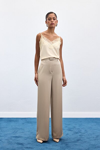 Sateen Satin Trousers with Belt Detail - Stone