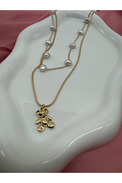 LAYDA قلادة دببة ذهبية مزدوجة مرصعة باللؤلؤ