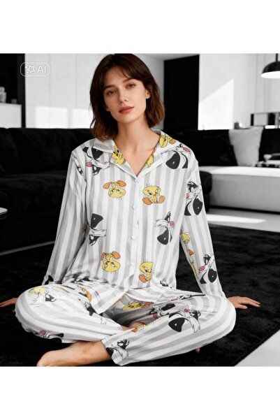 NiCe İç Giyim Σετ πιτζάμες με γιακά γυναικείο πουκάμισο με ρίγες σε γκρι και ...