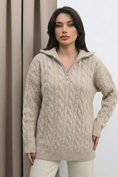 MetuCA Women's Beige Zippered Hair Braid Patterned Oversized Knitwear Sweater