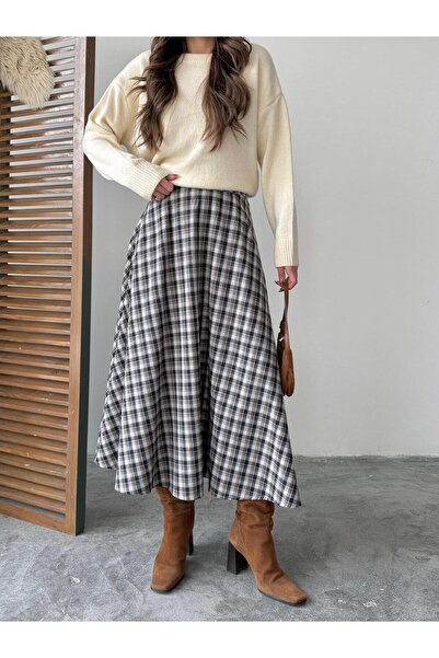 İLKCET MODA Plaid Patterned Blue Beige Long Women's Skirt