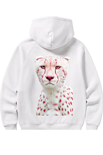 VANTINA Unisex White Pink Cheetah Sırt Printed Hooded Sweatshirt