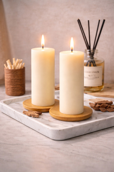 sabhy Ahşap Altlıklı İkili Sütun Mum Seti (700 gr – 15 & 13 cm) | Minimal & P...