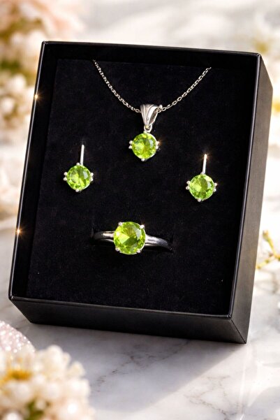 PERİDOT 925 Ayar Gümüş Zultanit Taşlı Şık Set | Kolye Küpe Yüzük