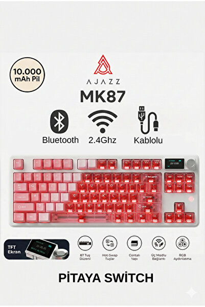 Ajazz MK87 Pitaya Switch 10.000 Mah Batarya RGB Mekanik Oyun Klavyesi-Ayrılab...