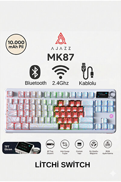 Ajazz MK87 Litchi Switch 10.000 Mah Batarya RGB Mekanik Oyun Klavyesi-TFT Ekr...