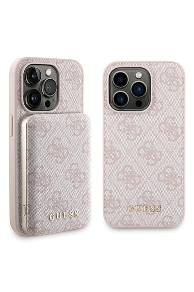 Guess 4G Gold Logo Case + MagSafe 5000mAh Power Bank for iPhone 14 Pro - Pink