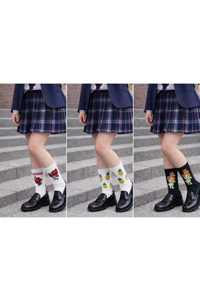 thesecret desire 3-Piece Patterned Unisex Socks Set Rose Character Pineapple Printed Socks Compatible with Size 36-40