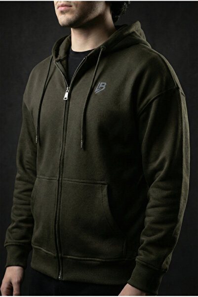 Liber Lb Logo Khaki Zipper Hoodie Oversized Fleece-Lined Sweatshirt Cardigan