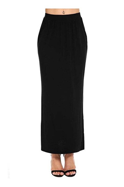Generic Plain Skirt with Side Hem and High Elastic Waist Black