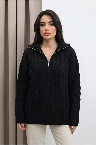 MetuCA Women's Black Zippered Hair Braid Patterned Oversized Knitwear Sweater