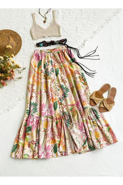 Generic Taik To Fully Printed Floral Maxi Skirt with Buttons