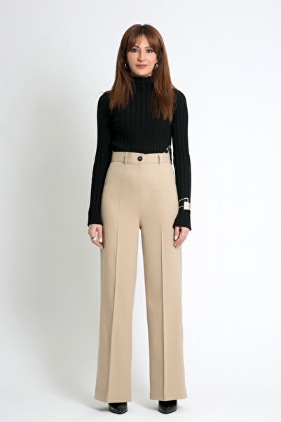 CESS Women's Palazzo Pants High Waist Slim Cut Camel Basic Pants Cess-3056