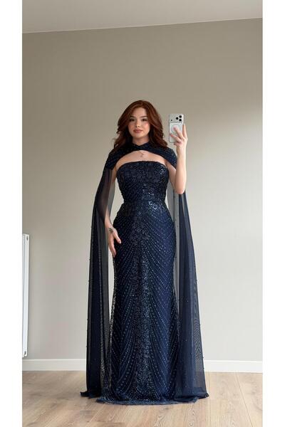 AYŞENUR DİNÇER Elizan Pelerinli Maxi Abiye Lacivert