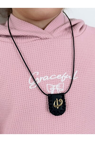 Sahi Aksesuar Elif Vav Decorated Black Leather Handmade Children's Cevşen Nec...