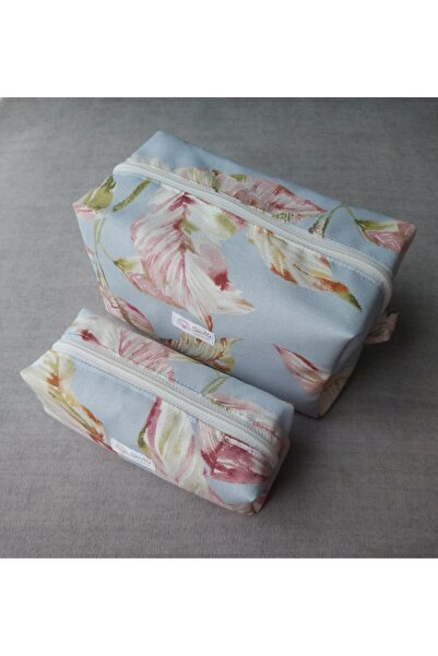SevAte Handmade Mavi Renk Yaprak Desenli Kadın Makyaj Çantası & Kalemlik 2'li...