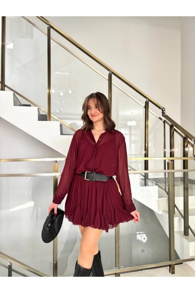 Sude Kızanlıklı Belt Detailed Flounce Chiffon Dress