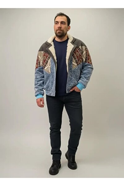 CANMODA (7655) Jachetă vintage aztecă cu guler din blană Recien, stil oversiz...