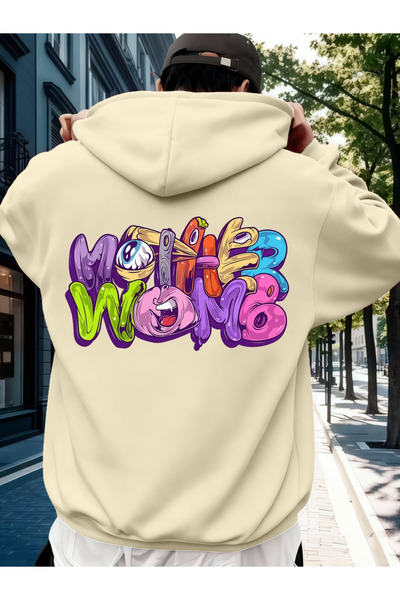 ALEYZA MODA Colorful B Printed K Hooded Pocket Cotton Beige Sweatshirt