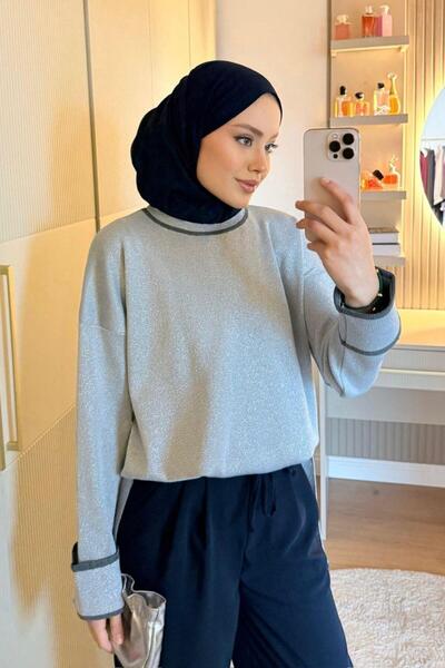 Şulemoda Giyim Zerda Sleeve Folded Glittery Casual Tunic Gray