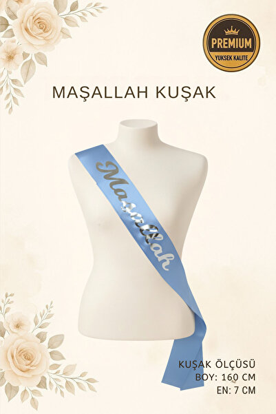NEWPARİ Maşallah Yazılı Mavi Üstüne Gümüş Yaldız Baskılı Sünnet ve Tören Kuşağı