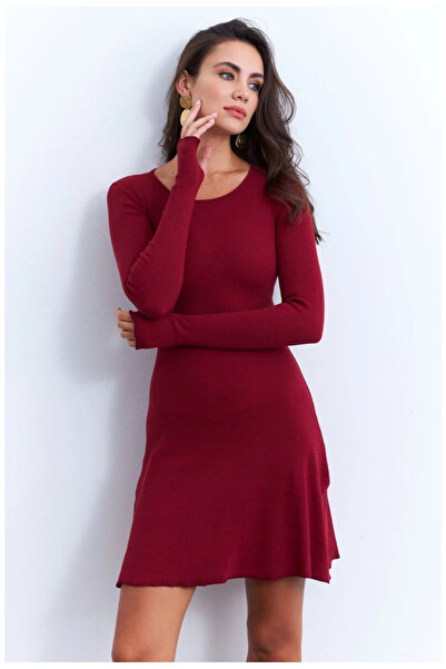 Buklemoda Women's Burgundy Tie-Dye Ribbed Knit Mini Dress