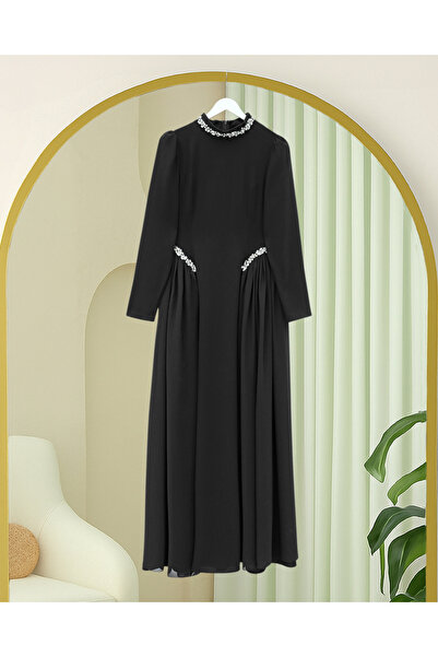 Modamorfo Lined Crepe Dress with Stone Collar and Waist, Tulle Detail on the ...