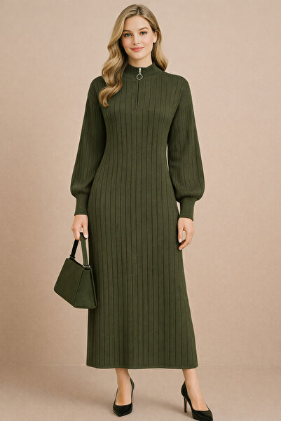 semela Thick Terry Fabric Standing Collar Zippered Knit Dress