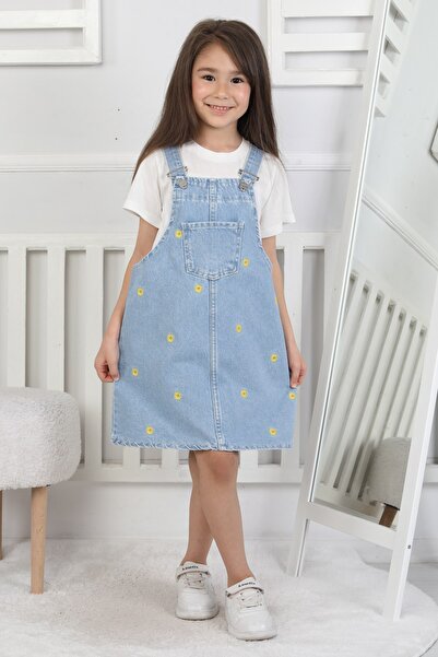 Moonch Kız Çocuk Papatya Nakışlı Denim Jile Elbise