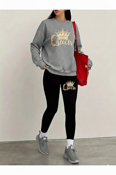 WOODROFFE Women's Black Leggings - Gray Sweatshirt Set 2-Piece Combination Ov...