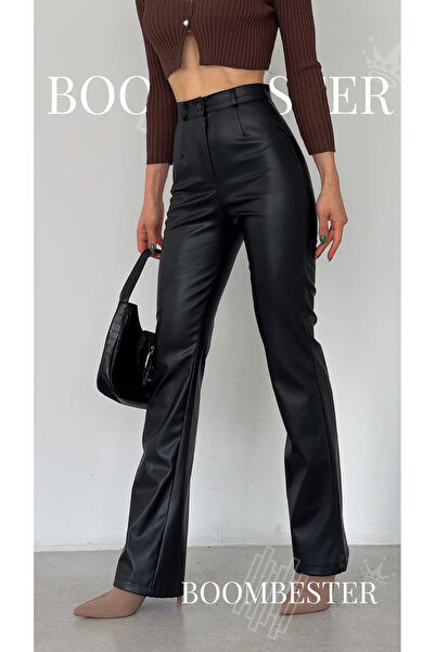 BoomBester Women's Black Leather Pants High Waist Flared Inside Lined