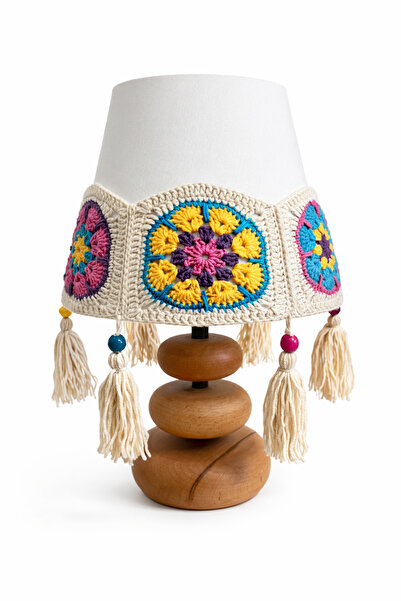 nijiartdesign Yuvarlak Doğal Ahşap Altlı Kroşe Motifli Püsküllü Rustik Görünü...