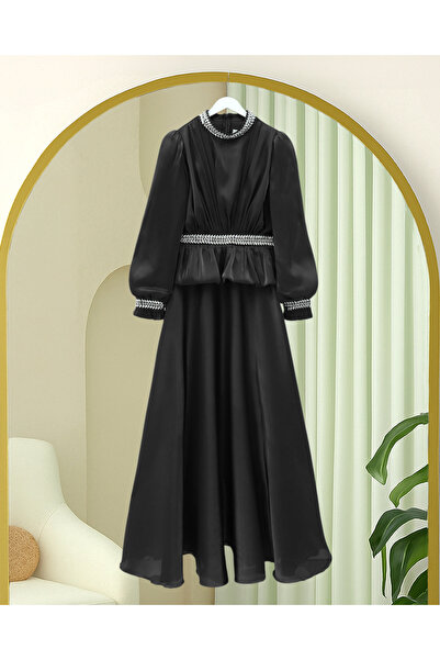 Modamorfo Beli Volan Detailed Stoned Janjan Satin Evening Dress - Black