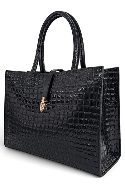 Evident Black Patent Leather Croco Patterned Women's Handbag with Lock Detail