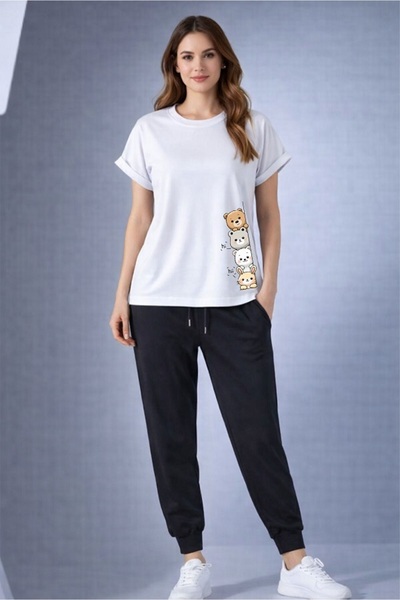 x-compass life Genis Kesim Cotton T-Shirt and Tracksuit Set with Yandan Aycik...