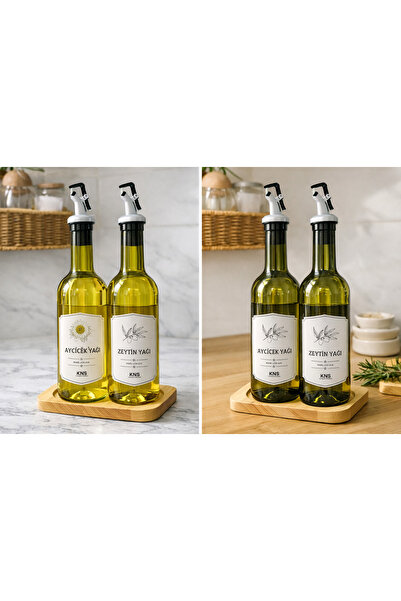 Durina Living Ahşap Standlı 2’li Cam Amber Yağdanlık Seti – Zeytinyağı & Ayçi...