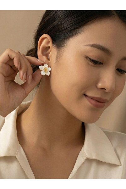 LOREZIA Gold Color Women's Earrings with White Flower Figures