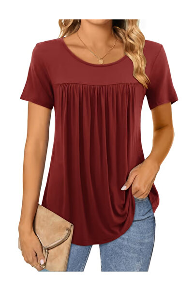 OEM Women's casual blouse, short sleeves, lace, burgundy 2XL