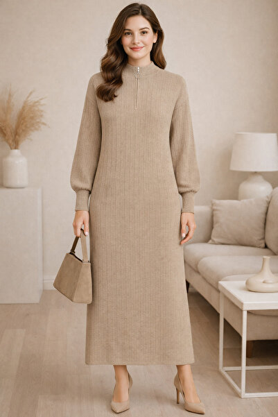 semela Thick Terry Fabric Standing Collar Zippered Knit Dress