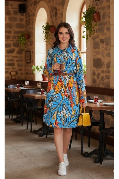 Polologin Butik Μπλε φόρεμα πουκάμισο με τροπικά σχέδια