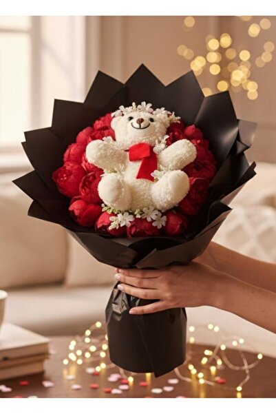 Nettenevime هدية عيد الحب، زهرة صناعية حمراء من نوع الفاوانيا مع باقة دب قطيف...