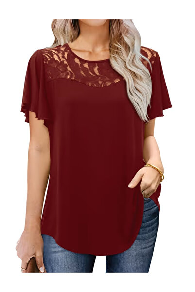 OEM Women's casual blouse, short sleeves, lace, burgundy XL