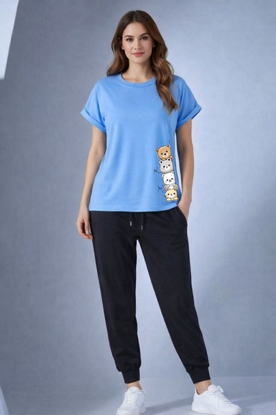 x-compass life Genis Kesim Cotton T-Shirt and Tracksuit Set with Yandan Aycik...