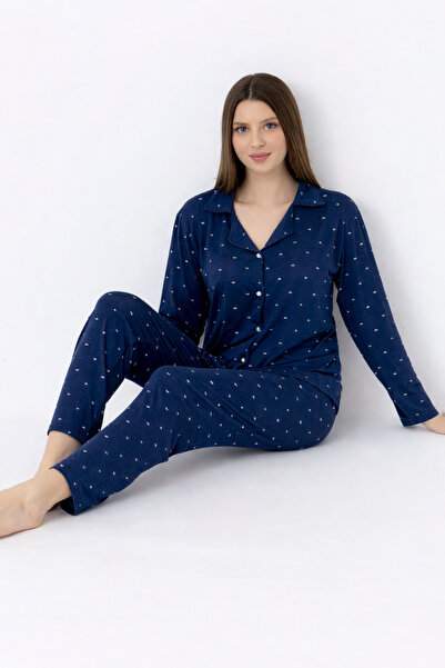 CHARME Kadın Lacivert Desenli Düğmeli Uzun Kollu Rahat Pijama Takımı