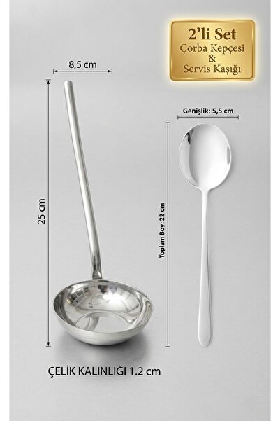BRE HOME Paslanmaz Çelik 2'li Servis Seti - Çorba Kepçesi (25 cm) & Servis Ka...