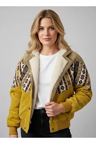 CANMODA (7763) Jachetă vintage aztecă cu guler din blană Recien, stil oversiz...